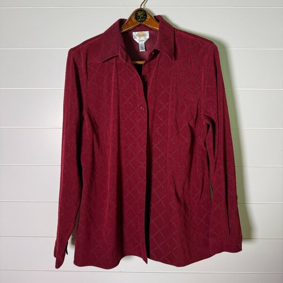 Talbots Long Sleeve Button Up Stretch Burgandy Faux Suede -Horse Bits in Design - Picture 1 of 7